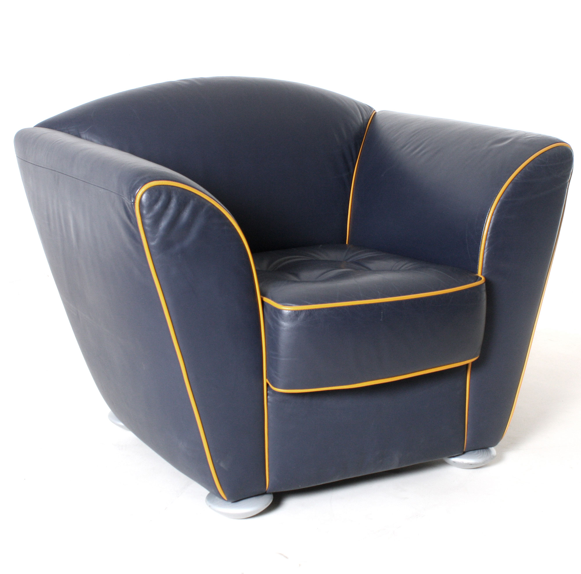 Leder-Sessel, 2er-Set, dunkelblau, gelbe Kontrastnaht, gebrauchte Büromöbel
